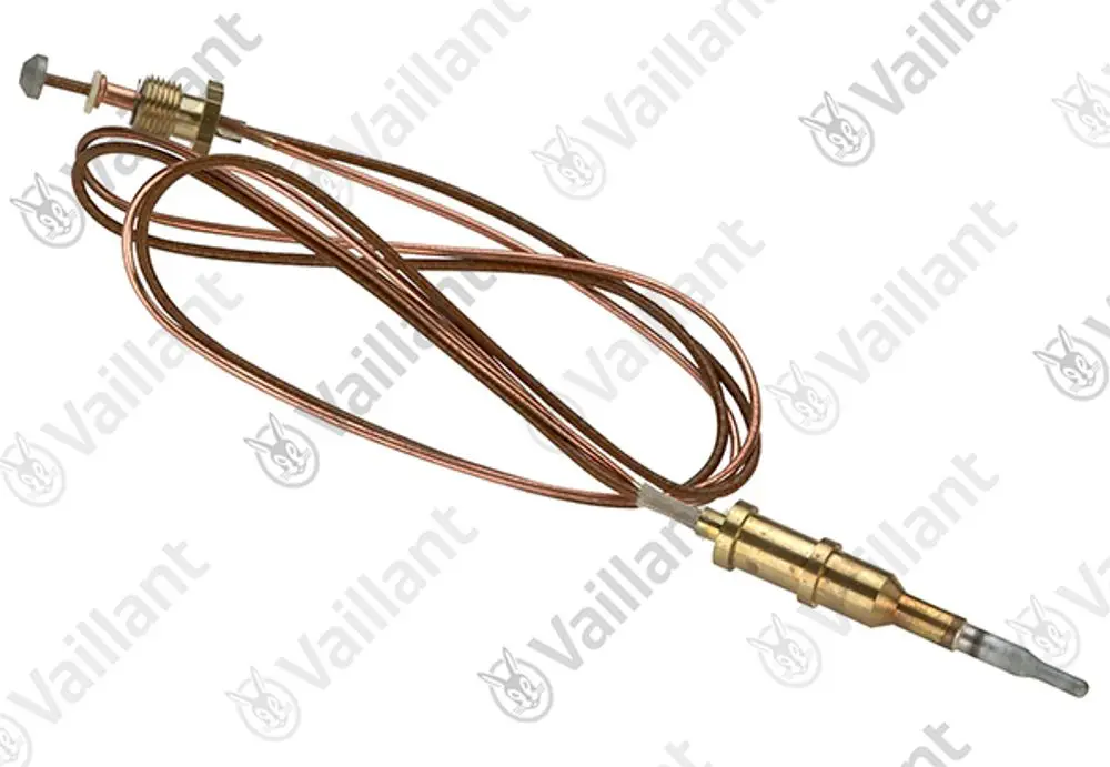 Vaillant Thermoelement mit zwei Leitungen, einer metallischen Schraubverbindung und einer Spitze. Es dient der Temperaturmessung in Heizsystemen.
